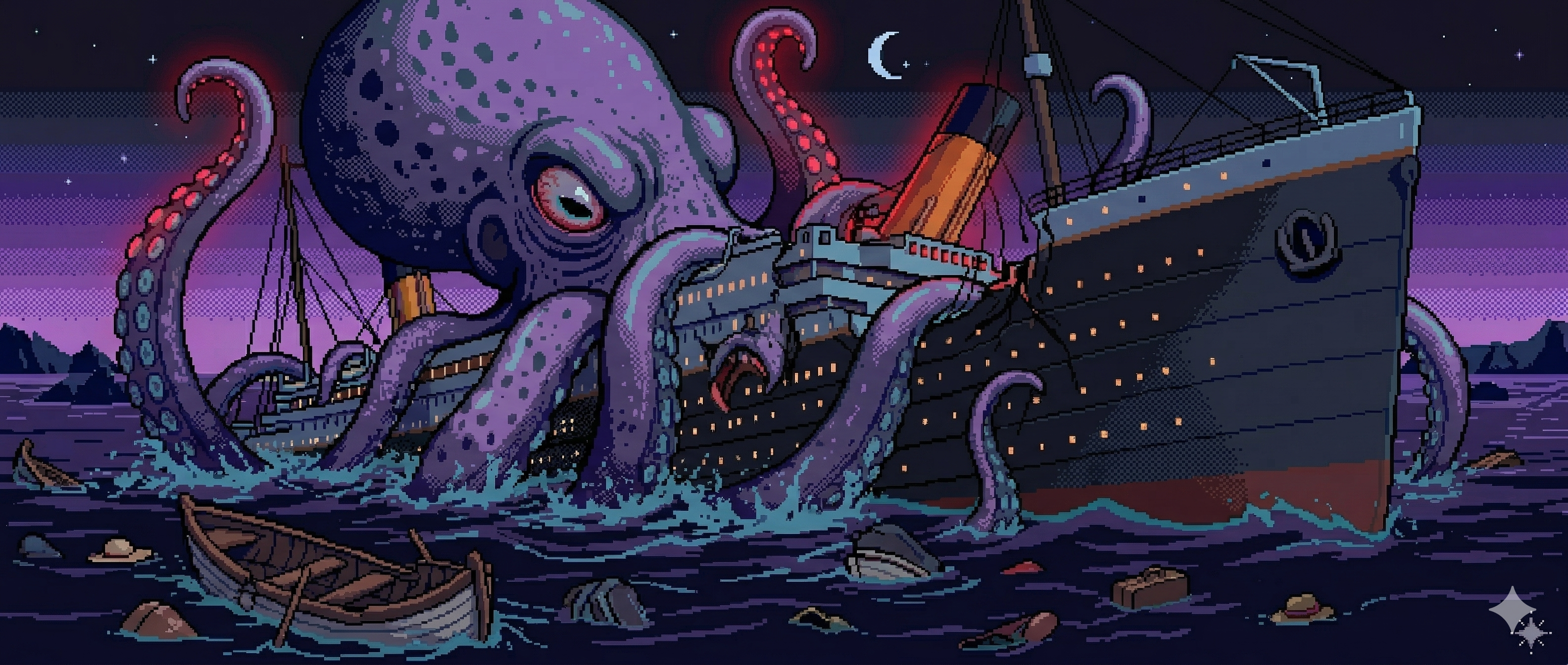 Pixel art octopus climbing a ship at night